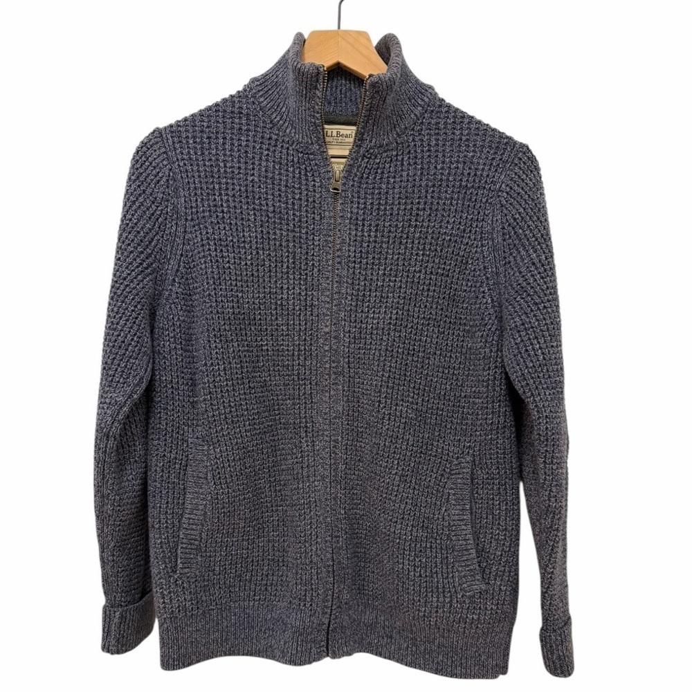 L.L. Bean Blue Organic Cotton Zip Fisherman Heavy Knit Sweater Cardigan Sm Y2K - Picture 2 of 8